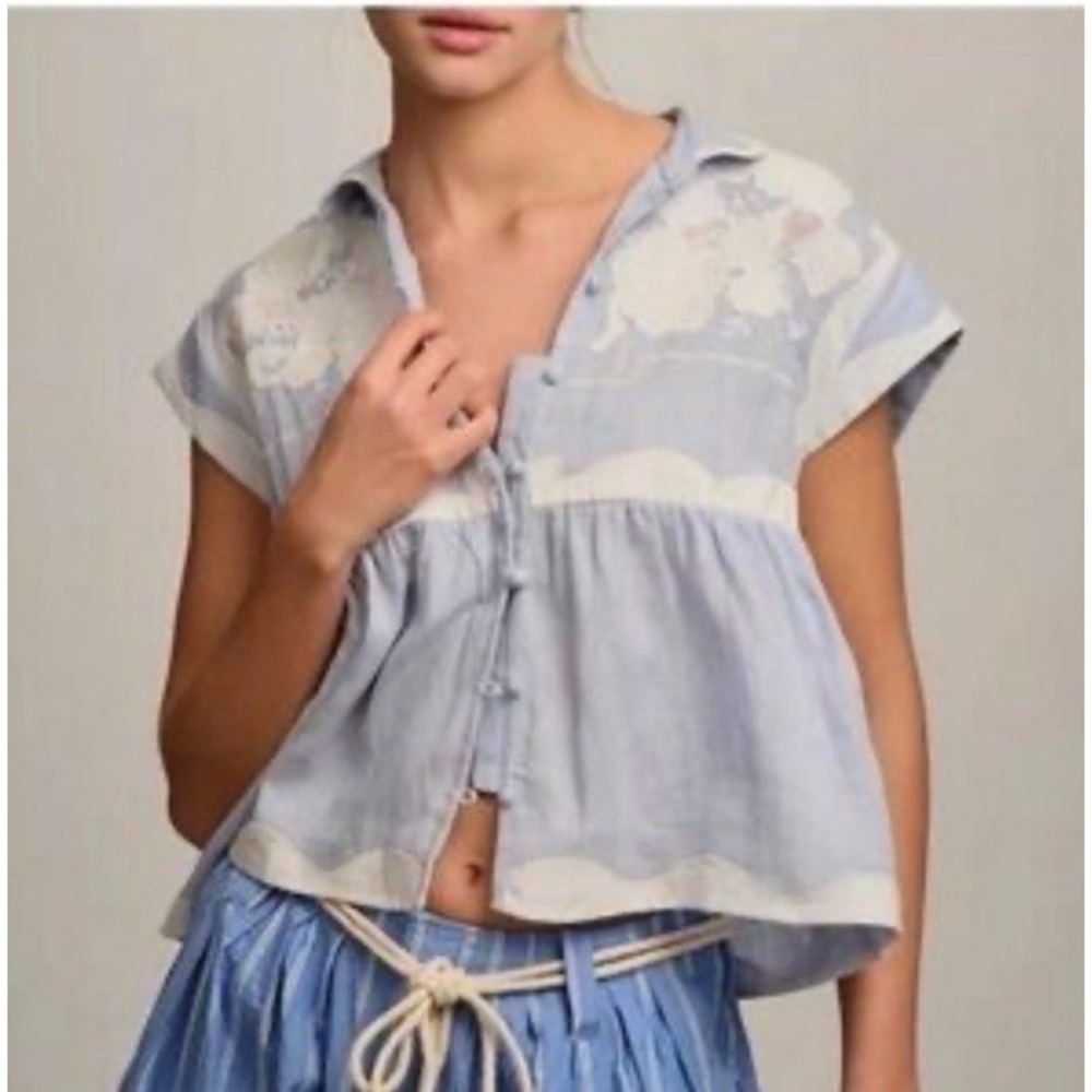 Anthropologie Sahil Kochhar Kashti Linen Embroidered Blue Lace Top Large